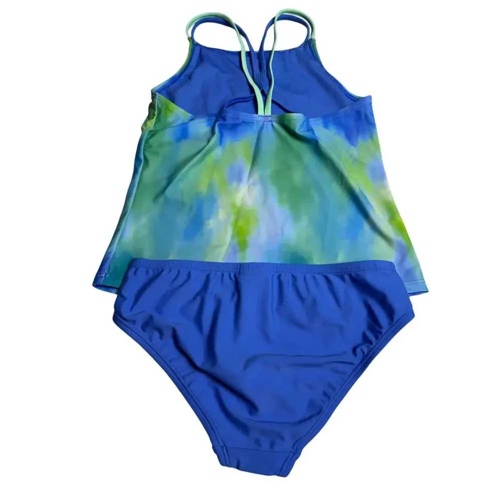 Speedo Girls Size 12 2 Piece Tankini Swimsuit Blue Green Strappy NWT UPF 50+